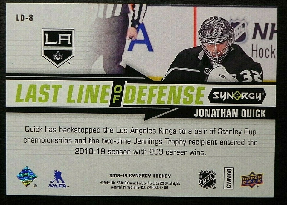 2018-19 18/19 Synergy Last Line of Defense LD-8 Jonathan Quick Los Angeles Kings - Image 2 of 2