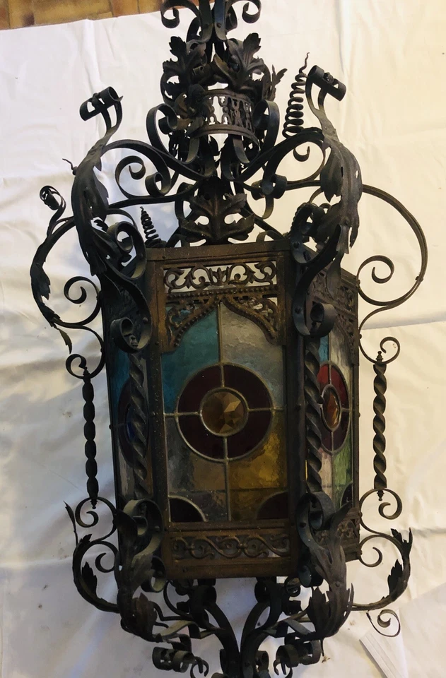 large neo gothic castle lantern Grande Lanterne Gothique 19e Vitrail NO DELIVERY - Photo 3/4
