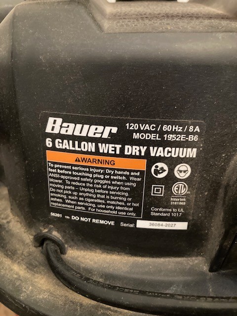 Replacement Parts for Bauer 6 Gallon 120 VAC Wet Dry Vacuum Model