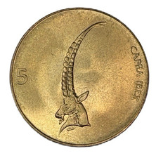 Slovenia 1992 5 Tolarjev World Coin Animal Wildlife Alpine Ibex Nickel Brass KM6