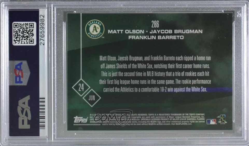 2017 Ahora Topps Online Exclusivo/703 Matt Olson Jaycob Brugman PSA 10 Rookie RC Foto 2 de 2
