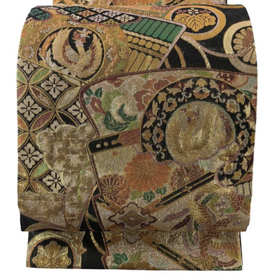 Vintage Japanese Silk Fukuro Obi   Gold Phoenix & Floral Motif