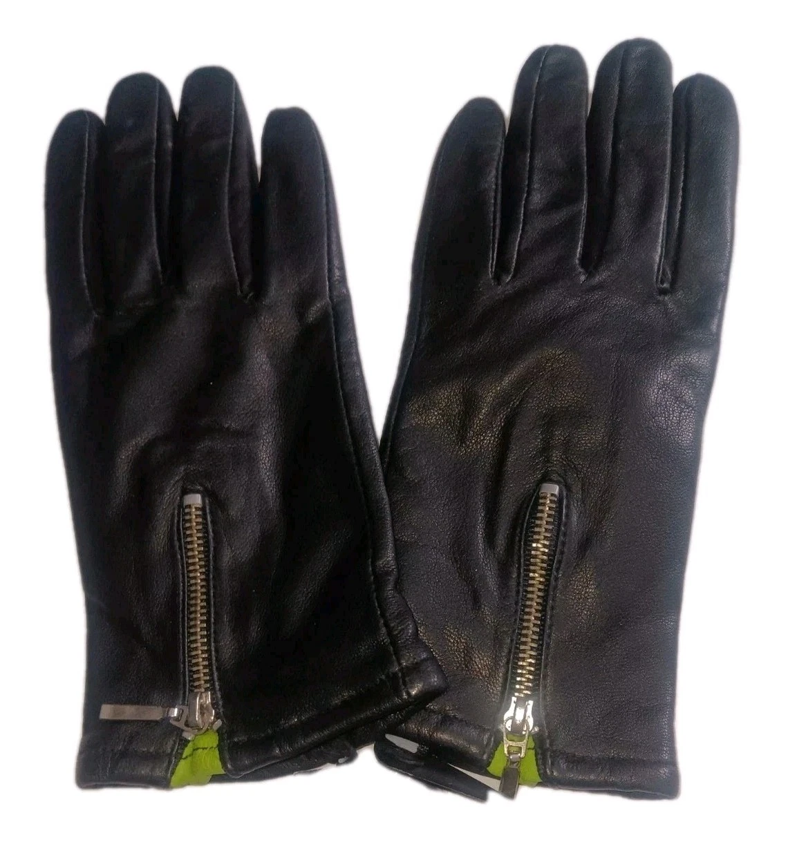 AMAZING WOMEN'S LEATHER ZIPPER GREEN INSERT CUFF GLOVES, Black, LXL