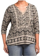 Lucky Brand Floral Aztec Burnout Top Womens Size 1X Split Neck 3/4 Sleeve Tee