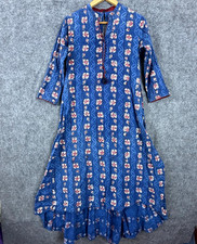 Womens Anarkali kurta 40 Blue Geometric Print Ruffled Hem Keyhole Back Bohemian