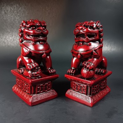 Pair Red Resin Foo Dog Lion Chinese Sculpture Figurine Temple Guardian Carved 4''