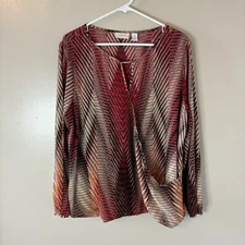 Chico’s Wrap Long Sleeve Blouse Red Black Geometric Top Size 3 Large