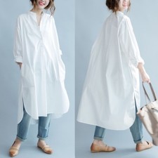 White Women's Cotton Maxi Loose Long Button-Down Casual Shirt Dress Plus Size