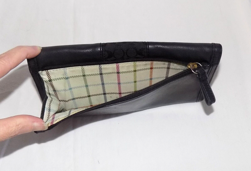 COACH Vintage Black Leather w/"CC" Logo Canvas Trim Tri-Fold Large Wallet Clutch - Picture 8 of 9