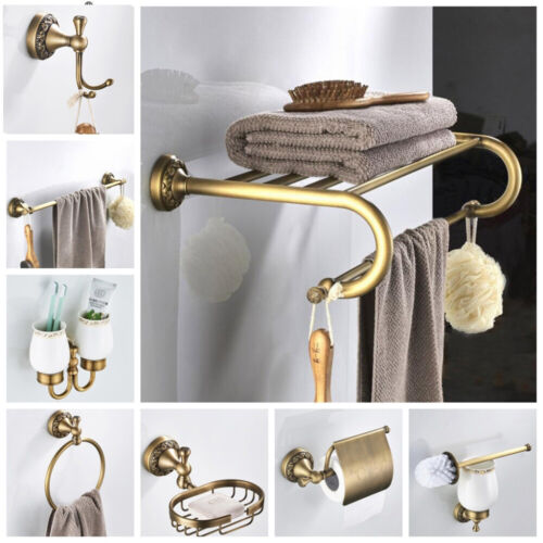 Antique Brass Bathroom Accessories Set Bath Hardware Towel Bar Rack Wall Mounted - Picture 1 of 42