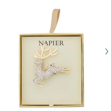 NAPIER FLYING REINDEER BROOCH PIN GOLD TONE RHINESTONE HOLIDAY CHRISTMAS