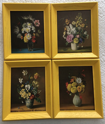 Gorgeous FLOWERS BY RENARD Decorama Prints Yellow Wood Frames 4pcs MCM MOD retro
