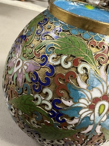 Chinese Raised Wire Cloisonne Enamel on Brass Ginger Jar Vase Floral... - Picture 14 of 16