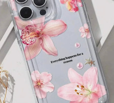 Pink Floral iPhone 14 Case Girls Clear Flower Cover *Includes Quote*
