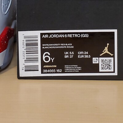 Nike Air Jordan 6 Retro GS Size 6Y / Womens 7.5 Red Oreo White