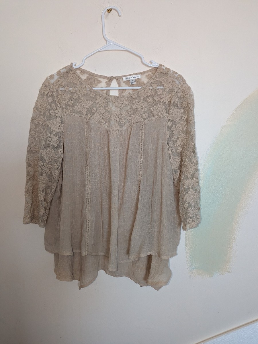 John Paul Richard Top Women Lace Sleeves Beige Boho Peasant Sz Lg 