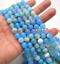 Natural 6/8/10/12mm Blue Striped Agate Round Gemstone Loose Beads 15''