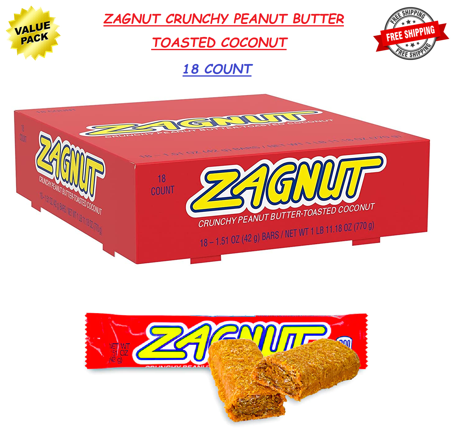ZAGNUT Crunchy Peanut Butter, Toasted Coconut Candy Bars, 1.51Ounce (18 Count) eBay
