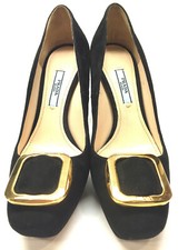 PRADA Black Suede Gold Pilgrim Buckle Platform Heel Pumps Shoes Sz37.5