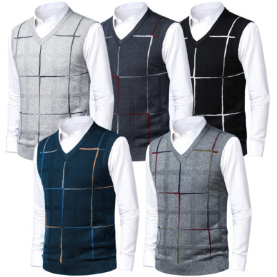 Mens Checked V-Neck Knit Sweater Vest Warm Pullover Sleeveless Casual Waistcoat