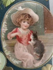 Postal de colección. Saludo de San Valentín. Niño, gatito, fresas, Alemania (N3)