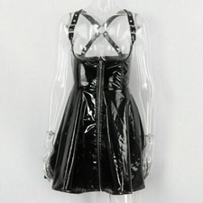 Women Strappy Skirt Wet Look Faux Leather Zipper Dress Punk Black Clubwear Shiny