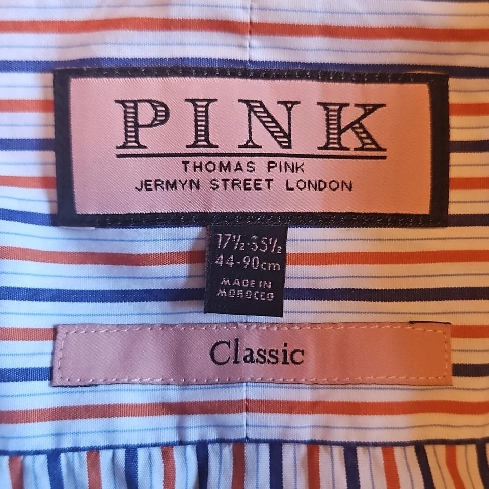 Camisa Thomas Rosa Para Hombre 17.5 - 35.5 Puño Francés Naranja Azul Rayas Foto 4 de 4