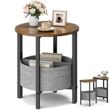 Side Table, Small Round End Table with Fabric Basket, Rustic Brown With Basket