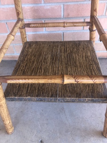 Antique Rattan Bamboo Accent Table Plant Stand Rare Asian Burn Art Pyrography - Picture 15 of 22