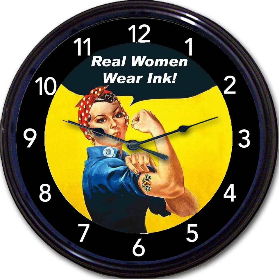 FUN AROUND THE CLOCK Rosie The Riveter Tattoo WWII Real Women Wear Ink Wall Clock WWII Tat Parlor 10"