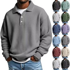 Men's Waffle Knit Long Sleeve Polo Shirts Casual Sweatshirt Pacificozy Pullovers