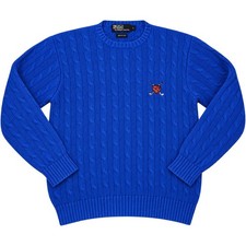 Y2K Polo Ralph Lauren Mens Blue Cable Knit Cotton Golf Crest Sweater Large Vtg