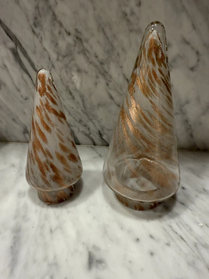 Hand Blown Art Glass Christmas Trees Set of 2 Swirled Copper White Glitter Trees - Image 2 of 4