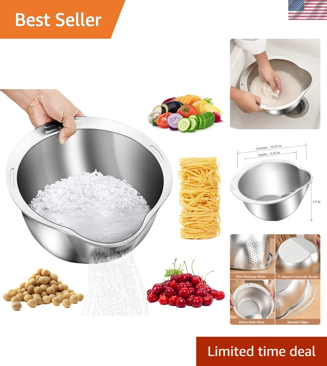 Rice Washer Strainer Bowl - 4-in-1 Washing Bowl for Quinoa, Stainless Steel R...