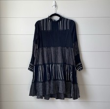 Zara Woman Black White Striped Lace Ruffle Tiered Long Sleeve Mini Dress XS