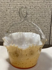 VTG Cased Glass Basket Twisted Loop Thorned Applied Handle Speckled Gold Fenton?