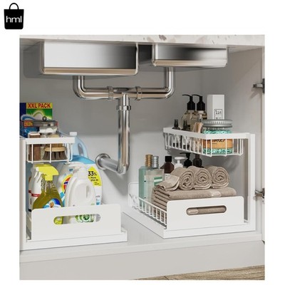 Space-Saving 2-Tier Pull Out Organizer for Kitchen & Bathroom   White, 2 Pack