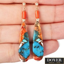 Estate Oyster Turquoise Coral 14K Yellow Gold Teardrop Dangle Earrings 5.0 GR NR