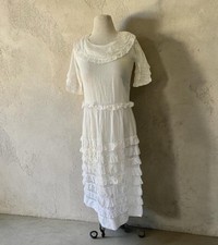 Antique Edwardian White Ruffled Tea Lawn Dress Cotton Sz XS Sm Pintucks Flaws 