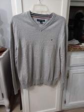 Tommy Hilfiger Men's L Pullover Sweater Vneck Classic Knit Logo Gray