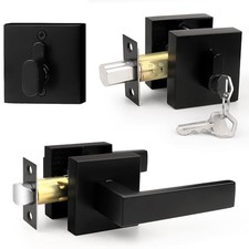 Flat Passage Door Lever with Single Cylinder Deadbolts Combo 1 Pack Black