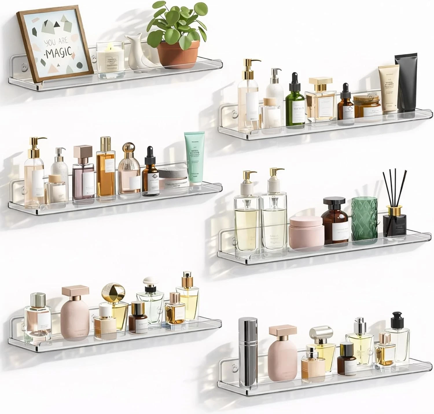 6 Pack Acrylic Floating Shelves 15in Clear Wall Shelf for Bathroom Kitchen USA..