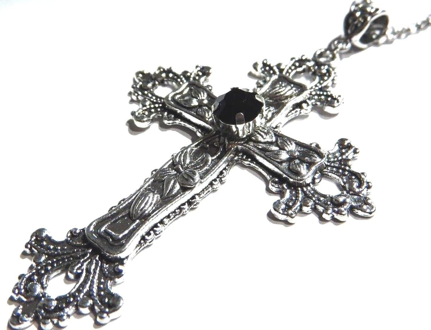 Large Gothic Cross Necklace Silver-Tone Pendant with Glass Silver & Black