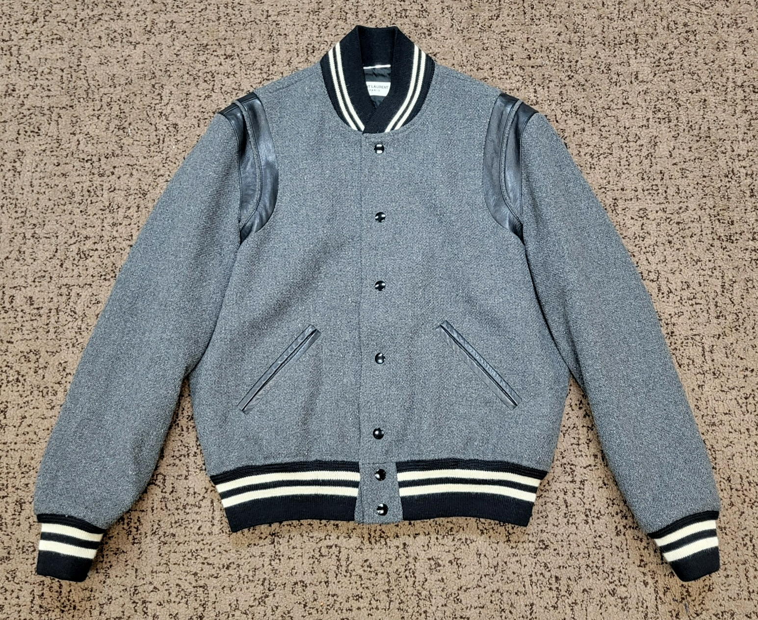 SAINT LAURENT Giacca Teddy Lana Snap Varsity Uomo PICCOLA EU 48 Grigio PELLE DI AGNELLO