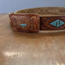 Vintage Tooled Leather Western Belt 34 Hand Painted Southwestern Festival