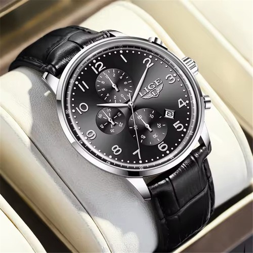 LIGE Orologio Uomo Multifunzione Cronografo Orologio da Polso Uomo Quarzo Pelle Orologi - Foto 1 di 22