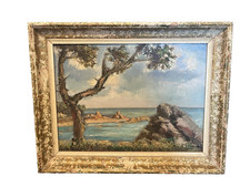 tableau peinture huile signé  paysage méditerranéen ou Atlantique  sur isorel