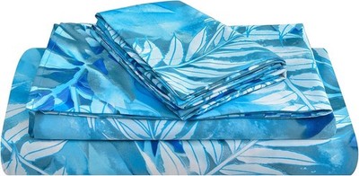JSD Teal Blue Tropical Leaves Sheet Set Full Size, 4 Piece Full, Leaf 