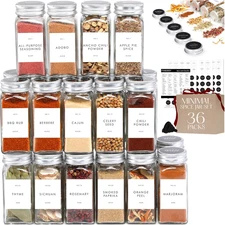 Glass Spice Jars with Labels with Metal Lids and Shakers Minimalist 36 Pack Set,