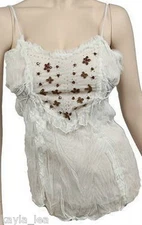 Ivory Layered Lined Bead Trim Lace-Up Sides Cami/Tank S